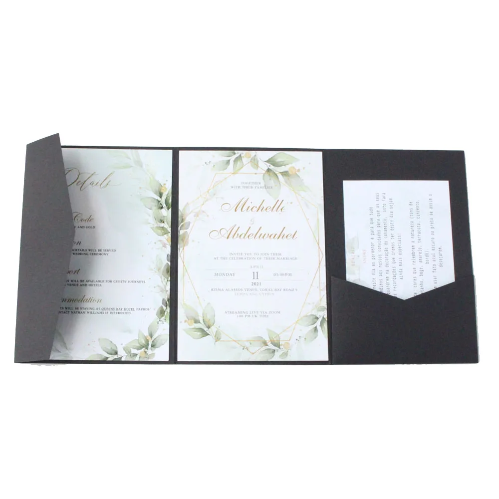 Matte Black Pocket Wedding Invitations Quarter Fold Custom Inserts Printing 250G Marriage Birthday Bridal Shower Card Envelop
