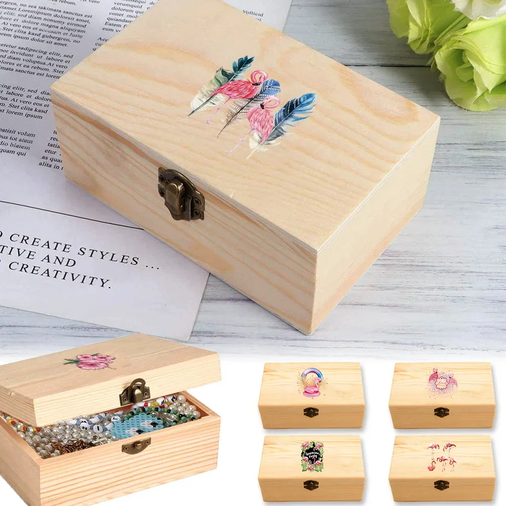Rectangular Wooden Storage Box Desktop Flip Cover Dustproof Wooden Storage Organizer Desktop Accessories Flamingo Pattern