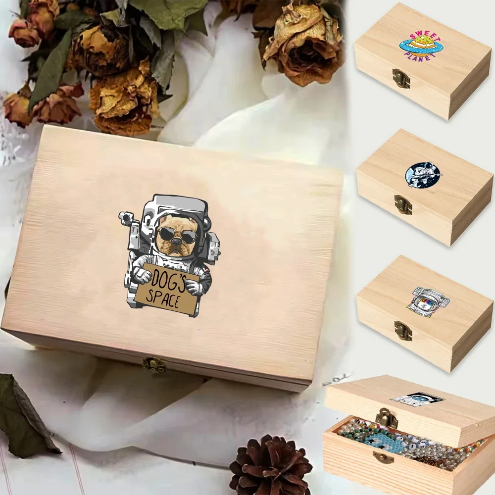 Desktop Wooden Storage Organizer Flip Cover Wooden Jewelry Box Rectangular With Lock Storage Organizer Astronaut Pattern