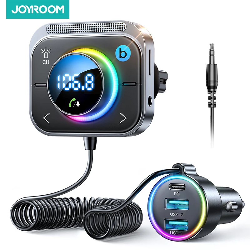 Joyroom Bluetooth 6.0 FM Transmitter AUX Car Adapter Audio FM Transmitter Bass Boost 3 Ports PD&QC 3.0 FM Bluetooth Fast Charger