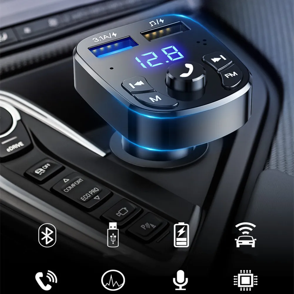 Bluetooth-compatible 5.0 FM Transmitter Car Player Kit Card Car Charger Quick With QC3.0 Dual USB Voltmeter & AUX IN/OUT
