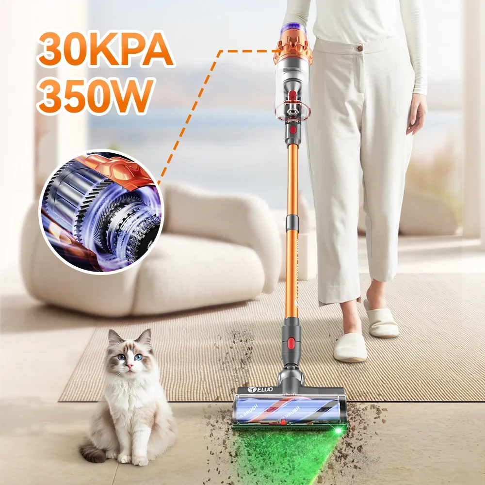 E.LUO 350W Cordless Vacuum Cleaner 30kPa Suction Power Brushless Vacuum 0.8L Capacity LED Display for Floor Carpet Pet Hair