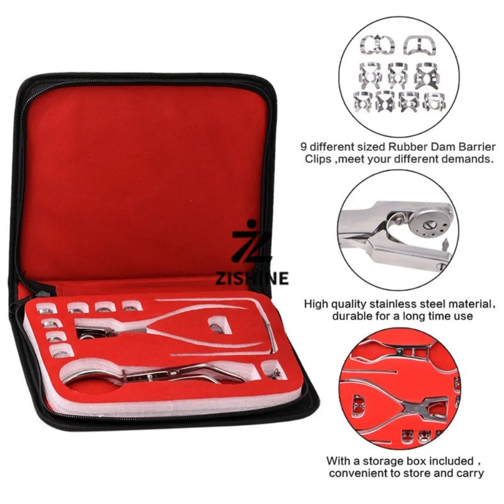 Dental Rubber Dam Kit Stainless Steel Hole Puncher Placement Forceps 9Pcs Barrier Clamps Frame Clip Restorative Dentistry Tools