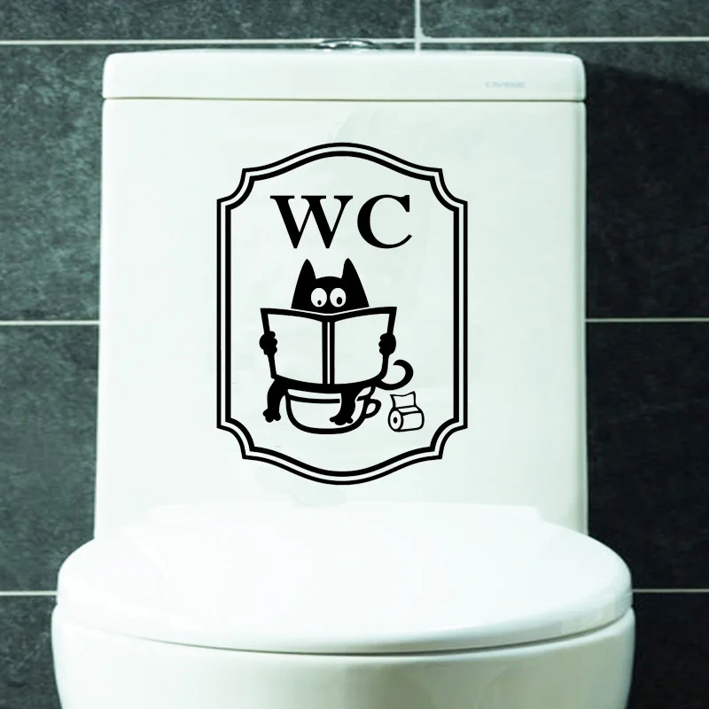 Cute Cat WC Pattern Toilet Wall Stickers Unique Accessories Removable Decal Vinyl Mural Creative Washing Room Door Decorations