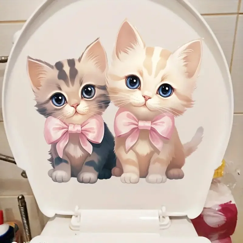 Two Cute Cartoon Cats Self-Adhesive Toilet Stickers,Wall Decal Removable, Reusable Vinyl Car Sticker for Toilet Lid, Bathroom