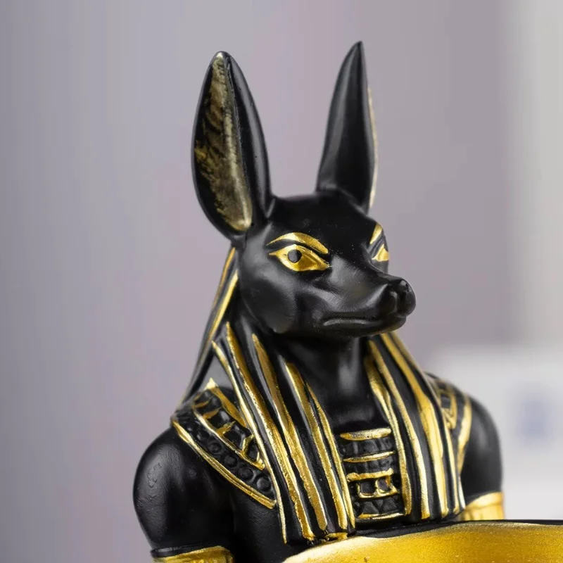 1Pcs Anubis Statue with Bowl Egyptian Sculpture Desktop Entrance Decoration Key Candy Box Resin Jewelry Home Interior Decoration