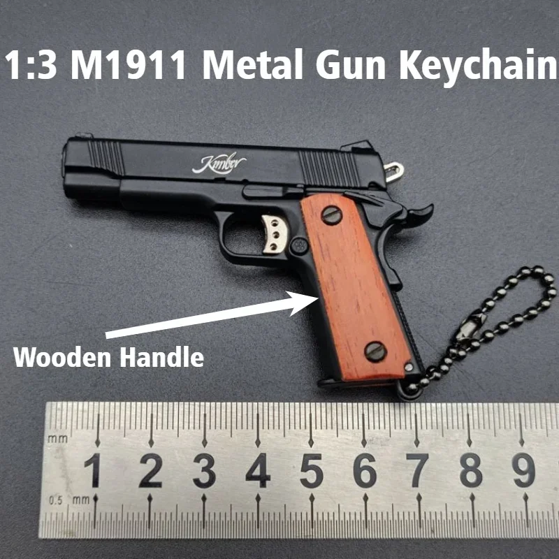 Newest PUBG Metal Gun Model 1:3 Size Pistol Key Chain Wooden Handle M1911 Model Keychain Military Pendant Figurines & Miniatures