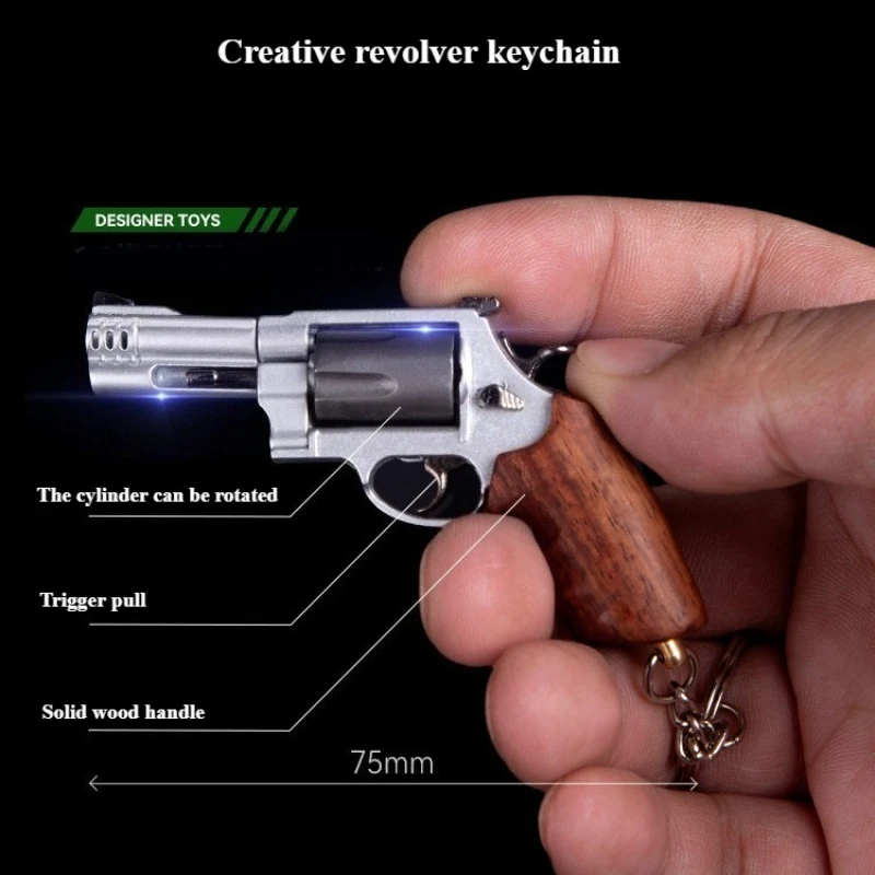 Mini Gun Model Solid Wood Handle Small Revolver Alloy Detachable Assembly Keychain 7.5 Cm Decompression Toy Men's Gift