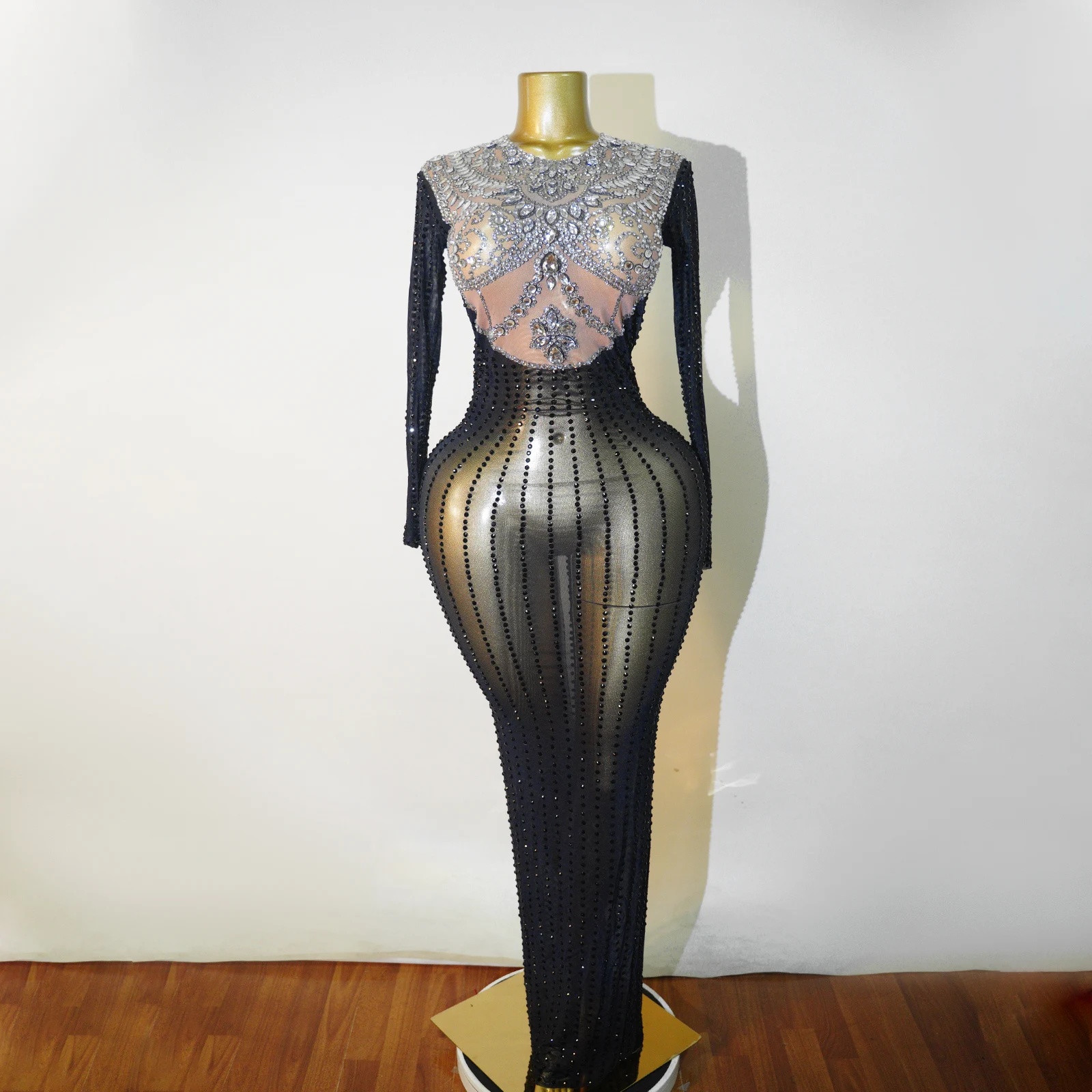 Luxury Party Birthday Long Dress Mesh See Through Rhinestones Skirt Dance Performance Stage Evening Carnival Festival Drag Queen
