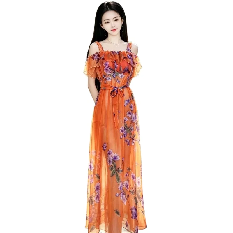 New ultra-thin transparent soft and smooth yarn sexy perspective pure desire wind lotus leaf edge suspender skirt long dress