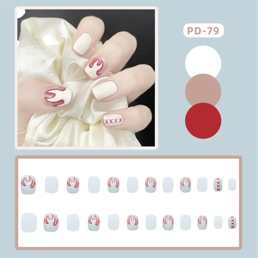 24P/set White Flame Red Edge Fake Nails Short Flat Head False Nail Art tip Finished Artificial Acrylic Press On Nails Removable