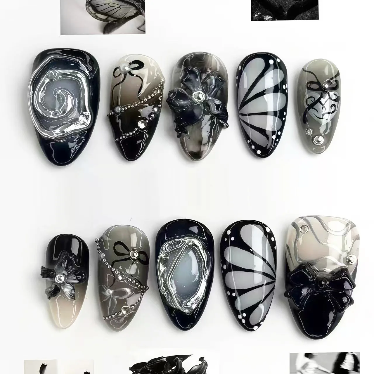 30Pcs Black Grey Goth Press On Nails 3D Bow‑Knot Rhinestone Butterfly Wing Spiral Pattern Fake Nail Halloween Almond False Nail