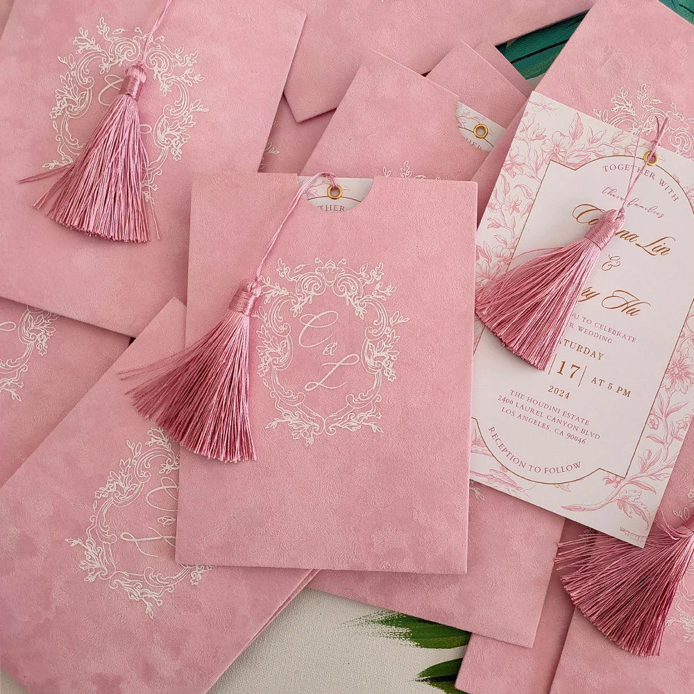 High-End Custom Wedding Invitation Card Light Pink Velvet Material with Custom Logo for Business Events