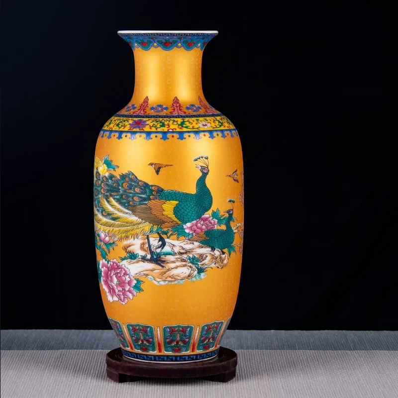 27cm/Golden Jingdezhen Ceramics, Chinese Style Enamel Colored Vase Decorations, Home Decor, Living Room, Antique Rack, Vase Inse
