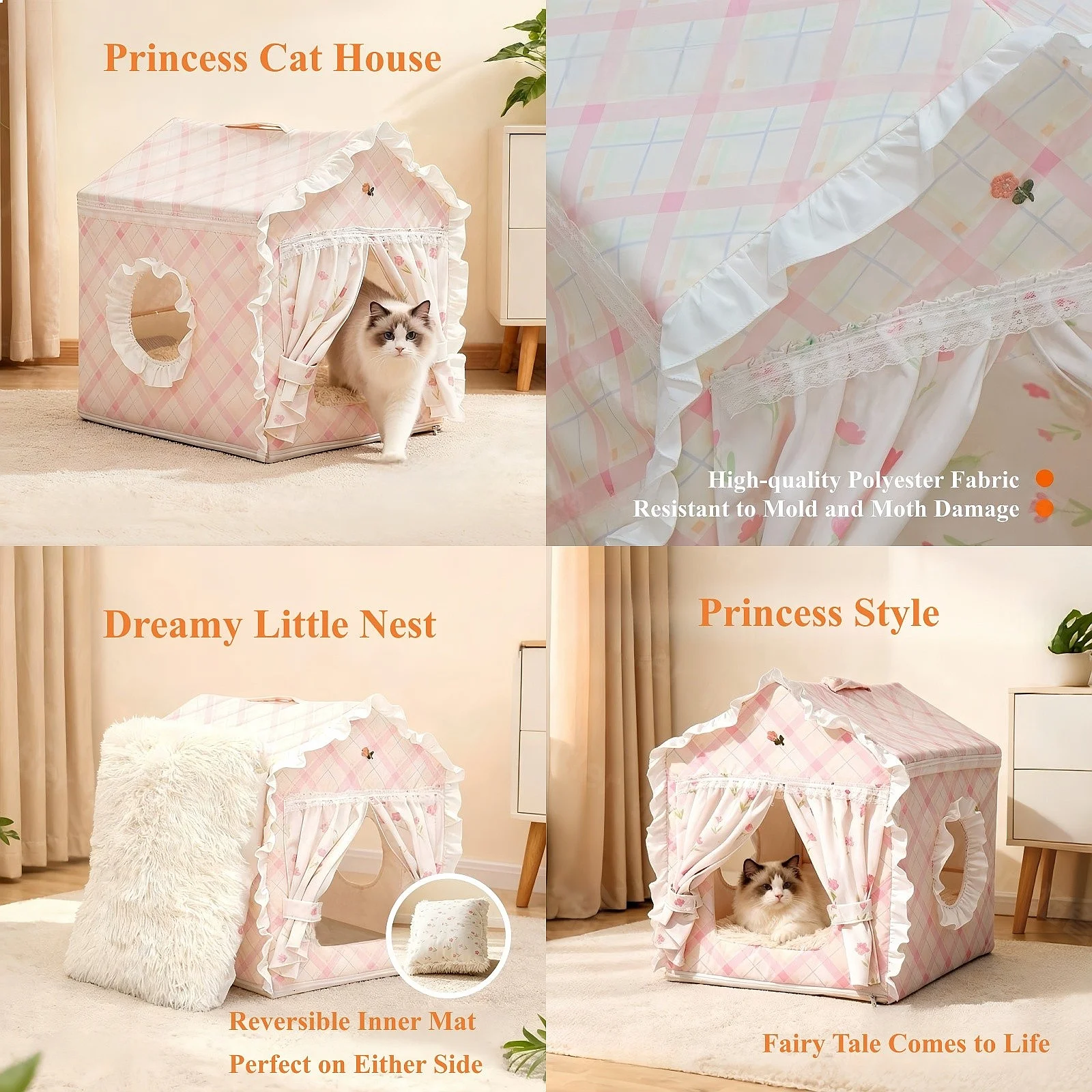 Cute Floral Cat Tent Pet House with Removable Washable Sleeping Mat Indoor Semi-Enclosed Detachable Cat Cave Bed for Cats/Dogs