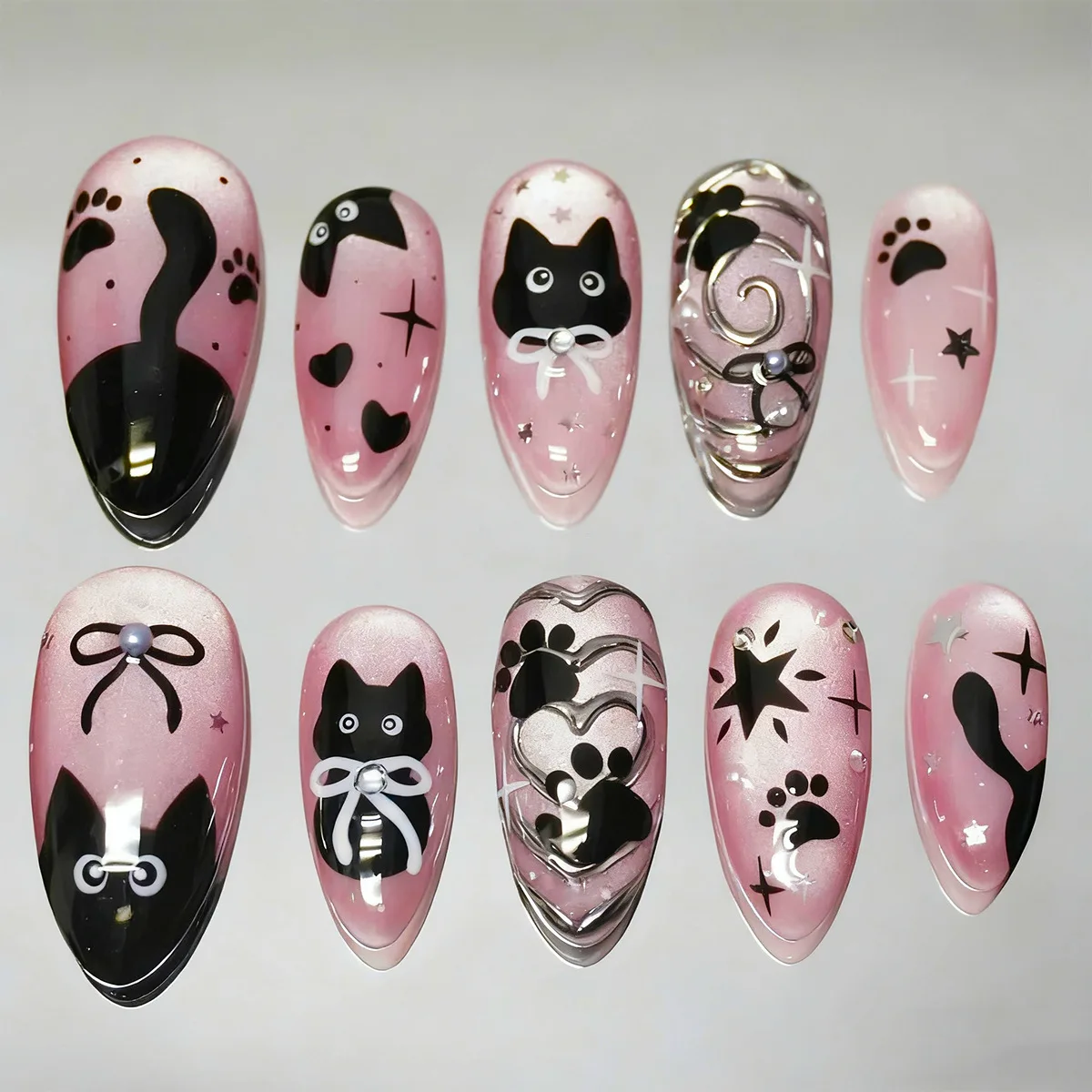 24PCS Sparkling Cat Eye Diamond False Nails Almond Sweet Cat Bow Love Design Fake Nails Glossy Elegant Removable Press on Nails