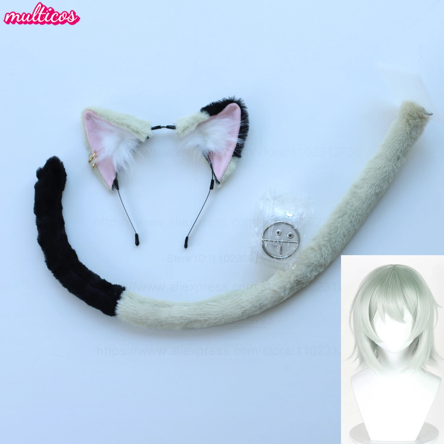 Chainsmoker Cat Satou Yaniko Cosplay Wig Yani Neko Wig Short Light Green Heat Resistant Hair Anime Wigs Ears Tail Accessories