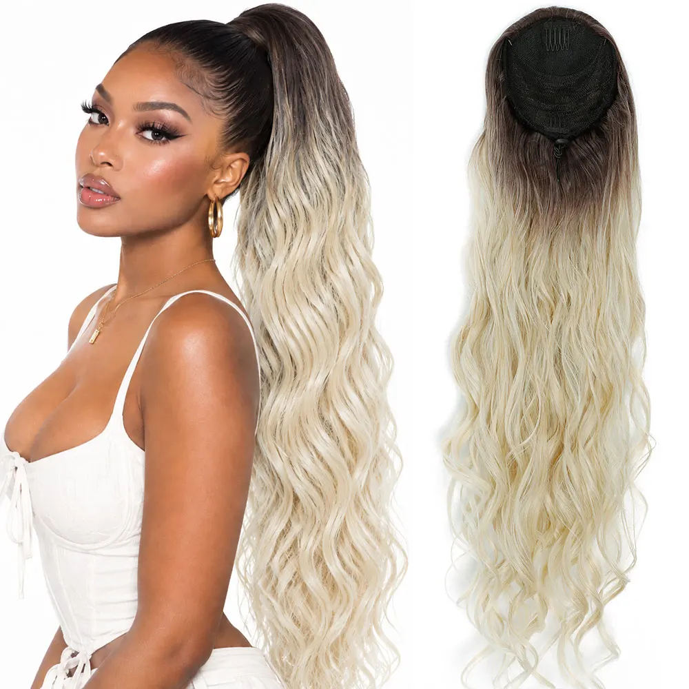 28 Inch Body Wave Drawstring Ponytail 180g Synthetic Heat Resistant Hair Extension Blonde Honey Copper Auburn Hairpiece Clip in