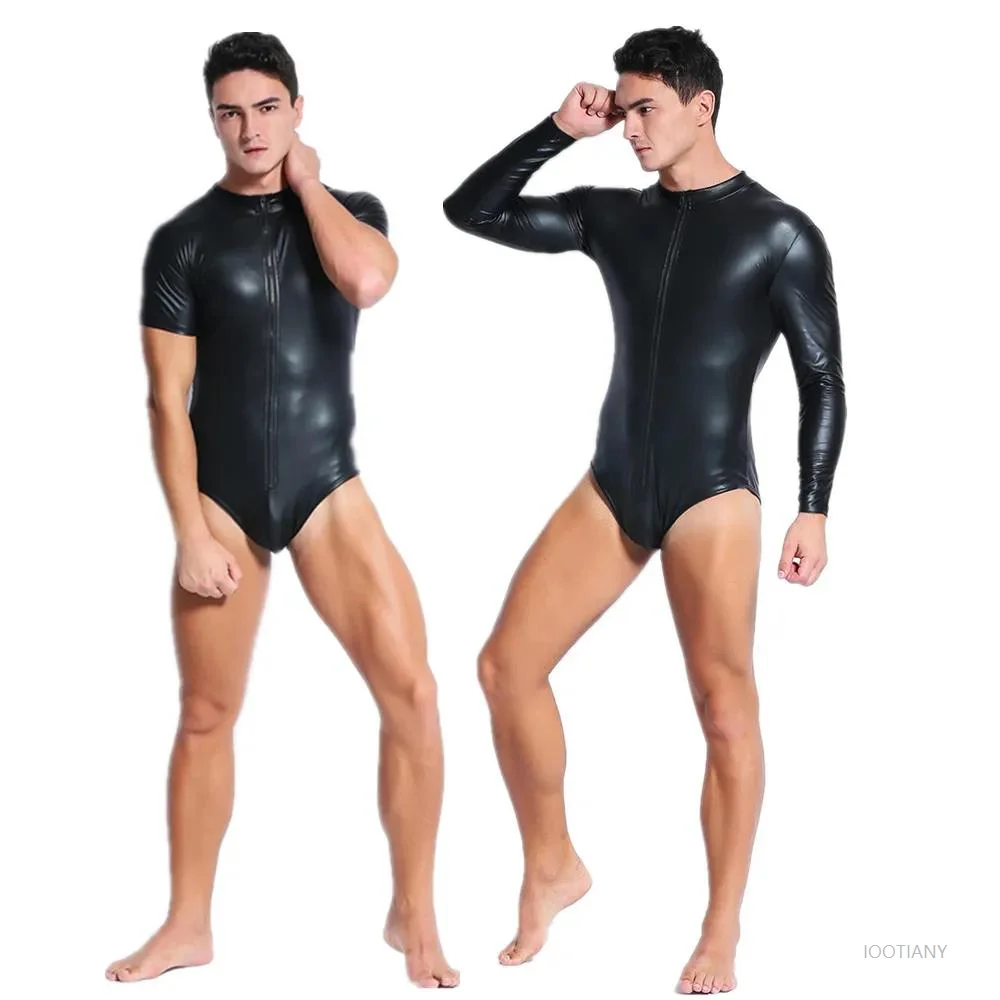 Men's Adult Sexy Pu Faux Leather Domestic Bodysuit Nightclub Bar Pole Dance Club Zipper Underwear Black Clothing Jumpsuit