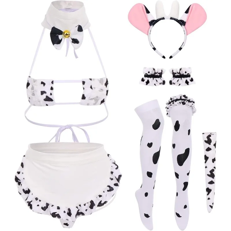 Women Anime Milk Cow Cosplay Costume Set  Maid Mini Bodysuit with Bell Choker Stockings Headwear Outfit Underwear Uniform