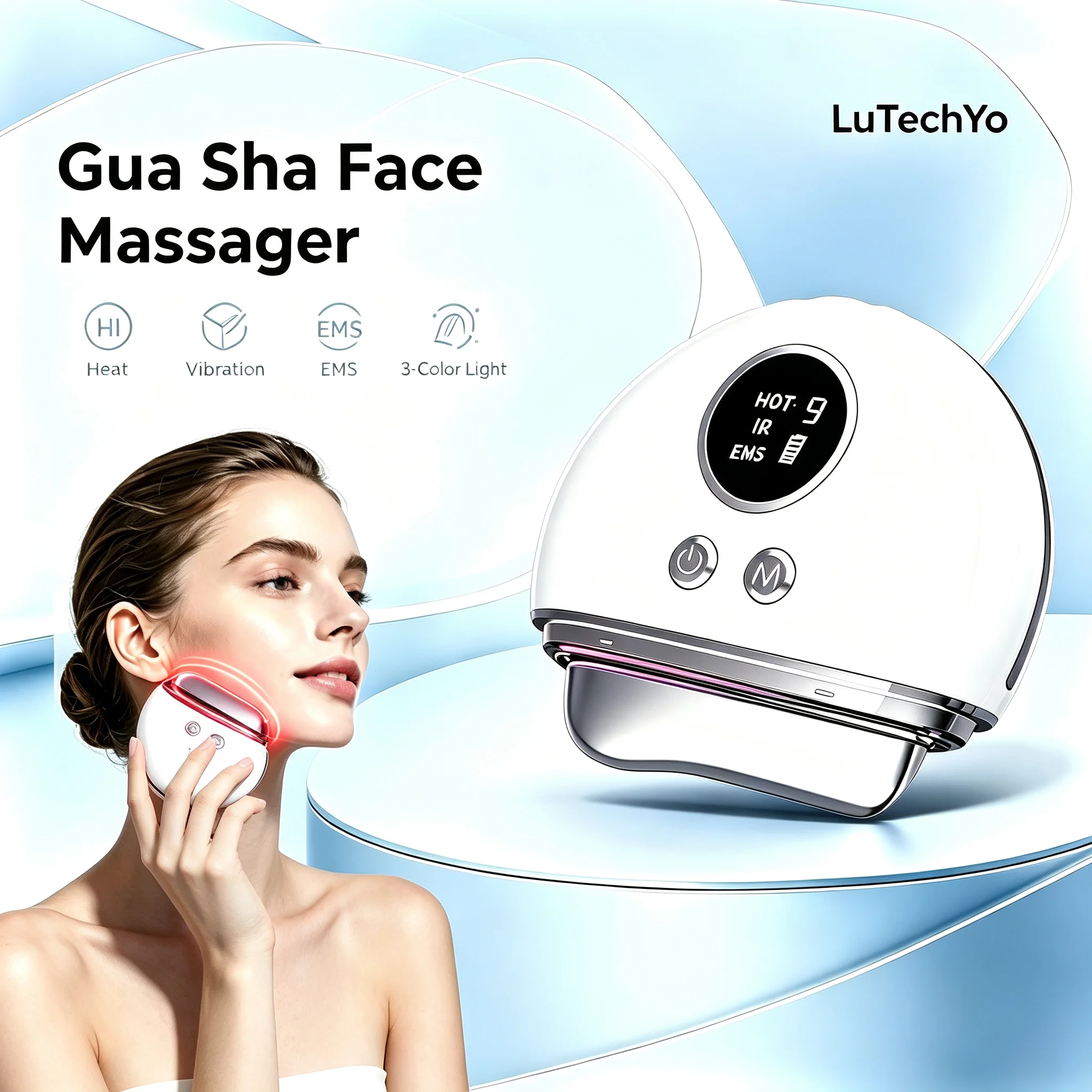 LuTechYo Electric Gua Sha Massager Facial Lifter Heat Scraping Light Therapy for Face Neck Firming Skin Anti-aging Beauty Device