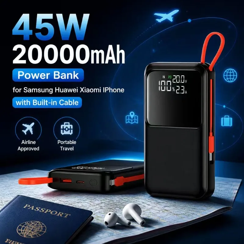 45W 20000mAh Power Bank for Samsung Huawei Xiaomi IPhone with Built-in Cable  Powerbank China 3C Certified