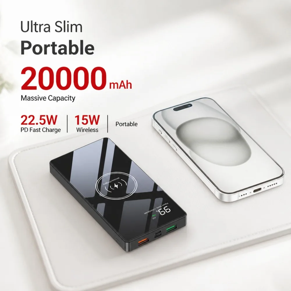 Ultra Slim 20000mAh Power Bank PD 22.5W Fast Charge 15W Wireless Charger Portable Battery Pack for iPhone Samsung Xiaomi
