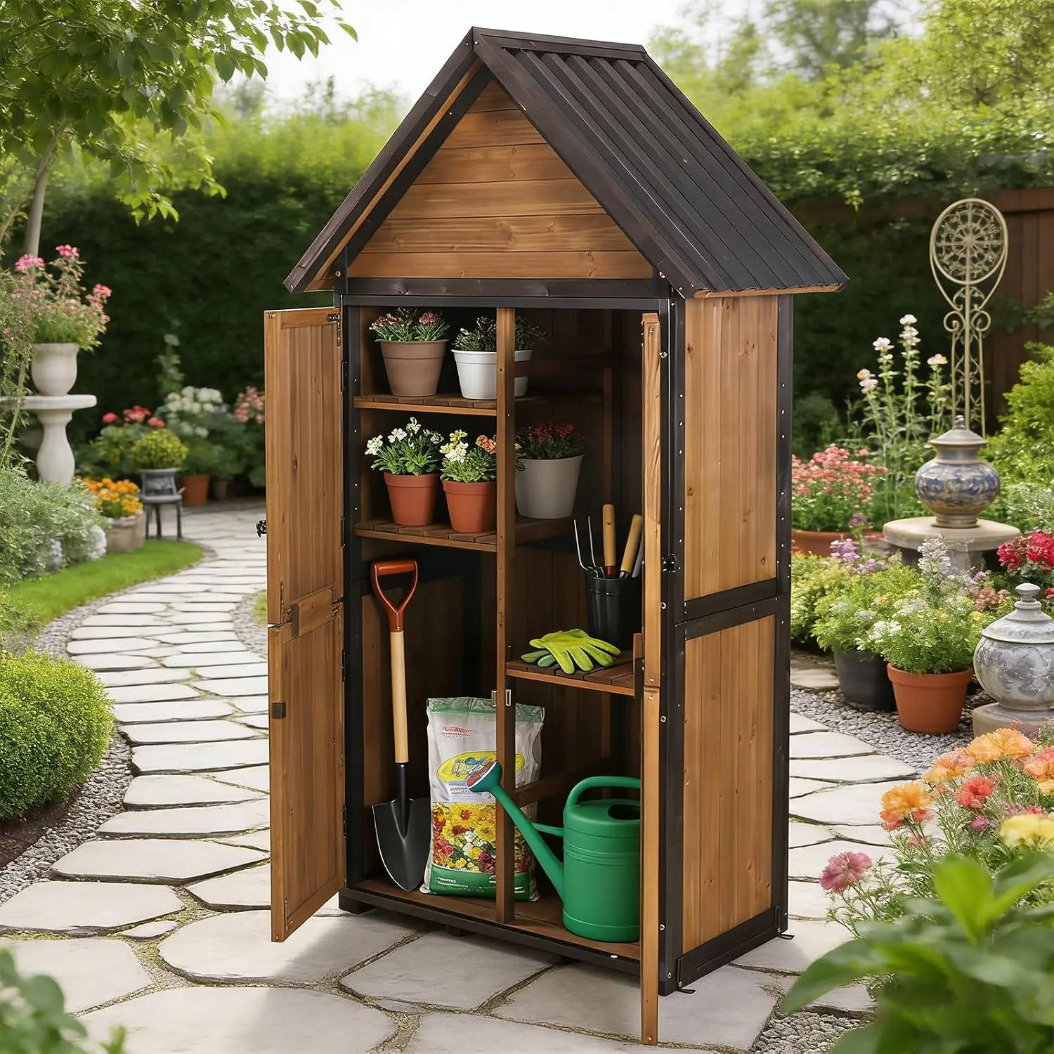 Outdoor Storage Shed with Strong Metal Frame, Garden Shed with Adjustable Shelfs and Waterproof Roof, Wooden Tool House