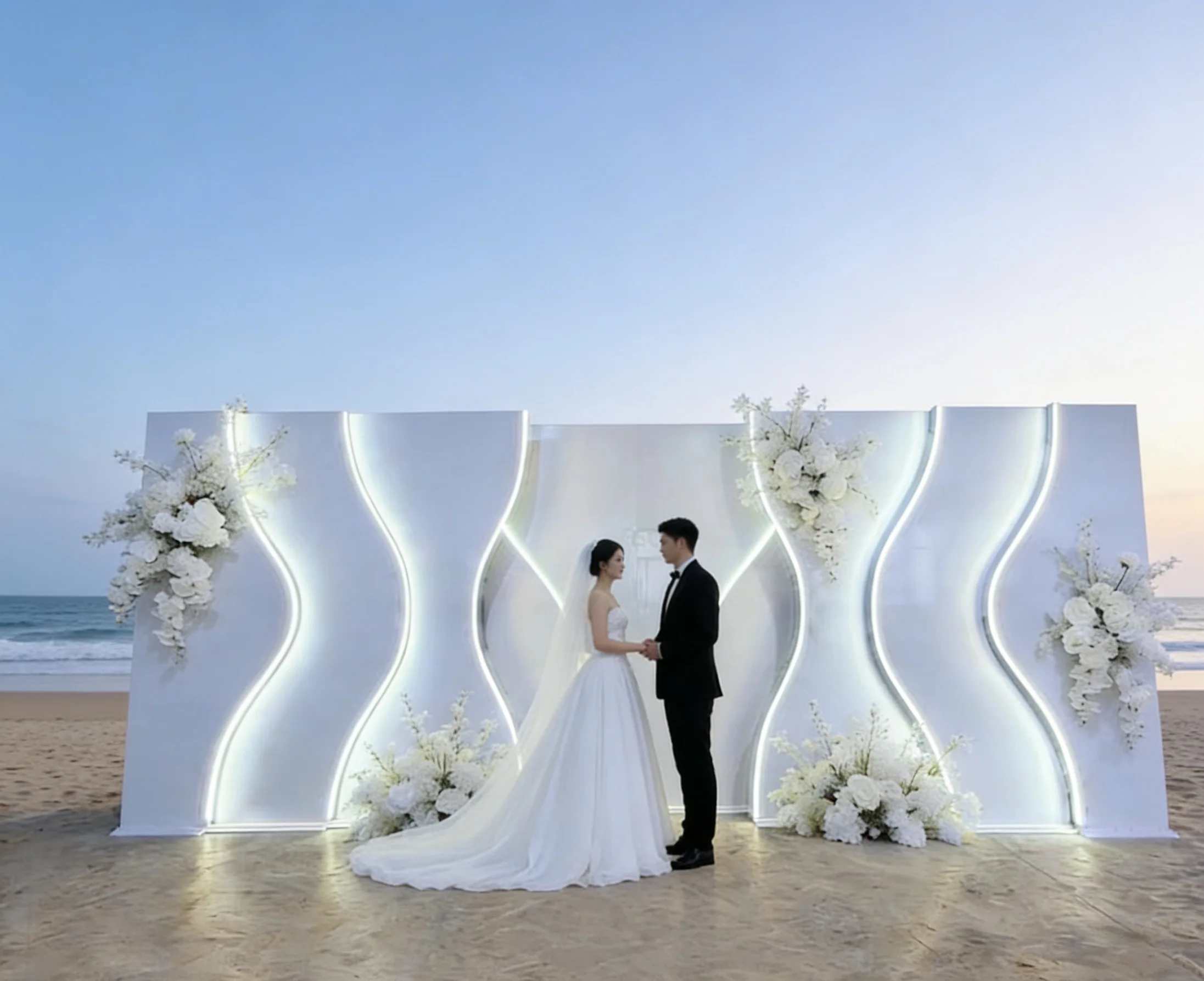 FSDKX New Style Event Stage PVC Backdrop 3D White Wed Arch Background Panel with LED Lights Backdrop Stand for Wedding Events