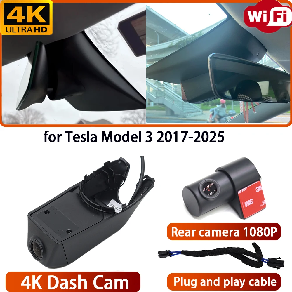 for Tesla Model 3 2017-2025 Video Recorder 4K DVR Dash Cam Wifi OEM Front Rear Camera 170° Wide Angle Loop Recording Plug & Play