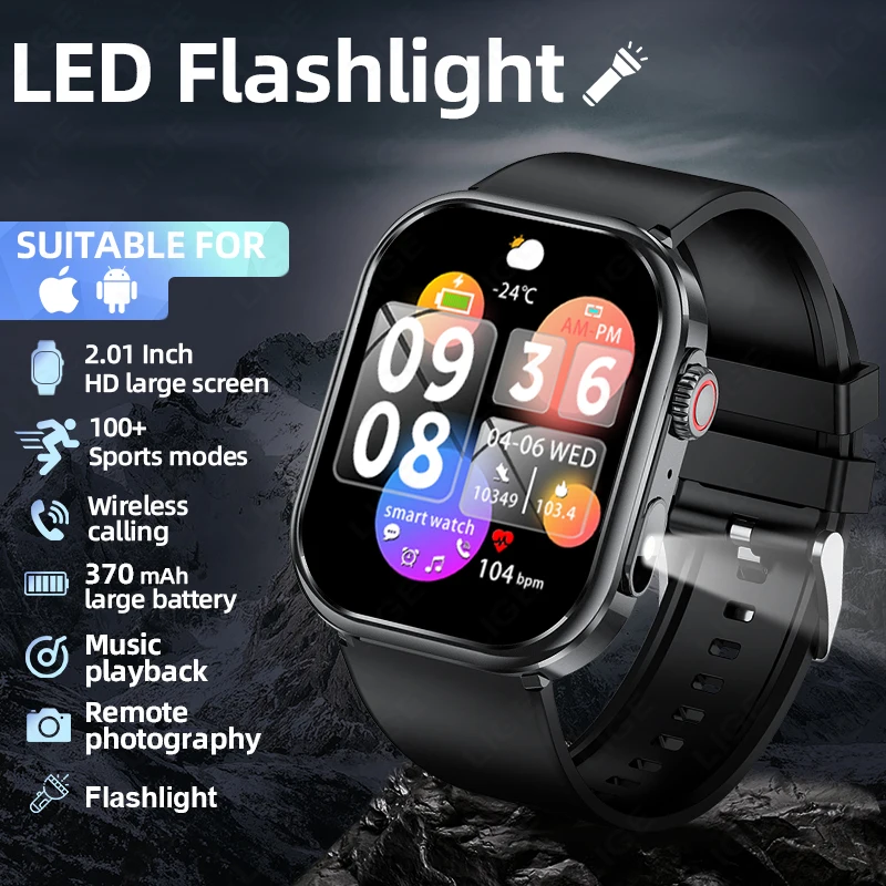 Original LIGE Smart Watch 2.01 Inch HD Large Screen Magnetic Charging Waterproof LED Flashlight Men smartwatch For Android IOS