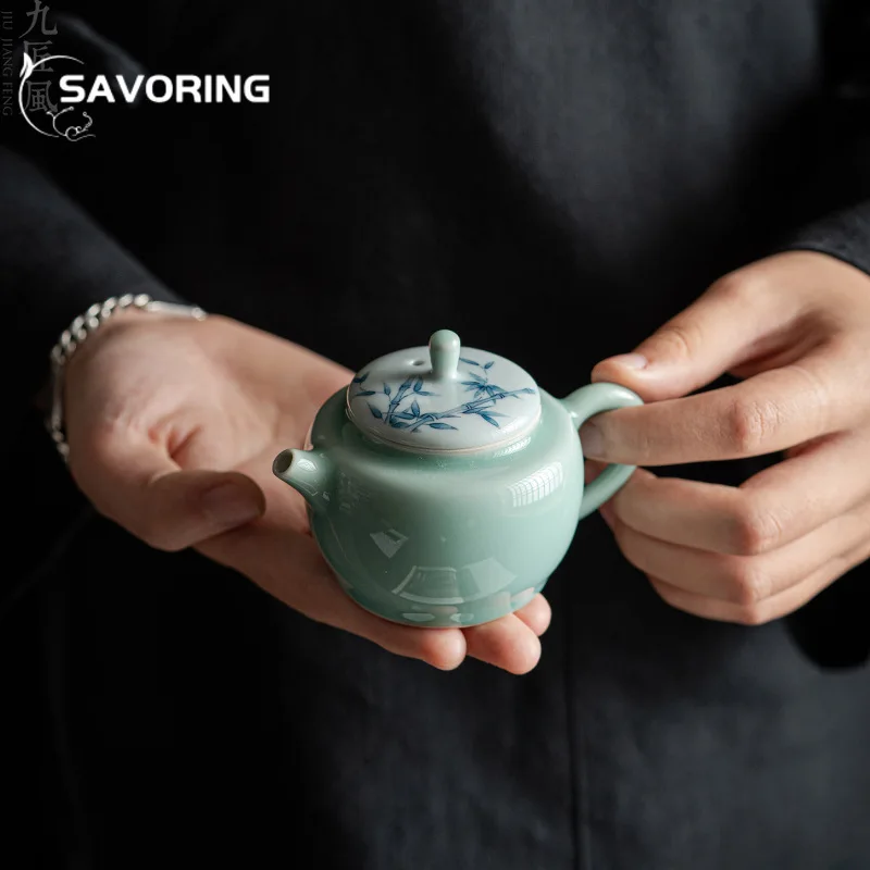 100ml Hand-painted Celadon Teapot Handmade Bamboo Ceramic Pot with Filter Chinese Porcelain Tea Brewing Kettle Kung Fu Tool Gift