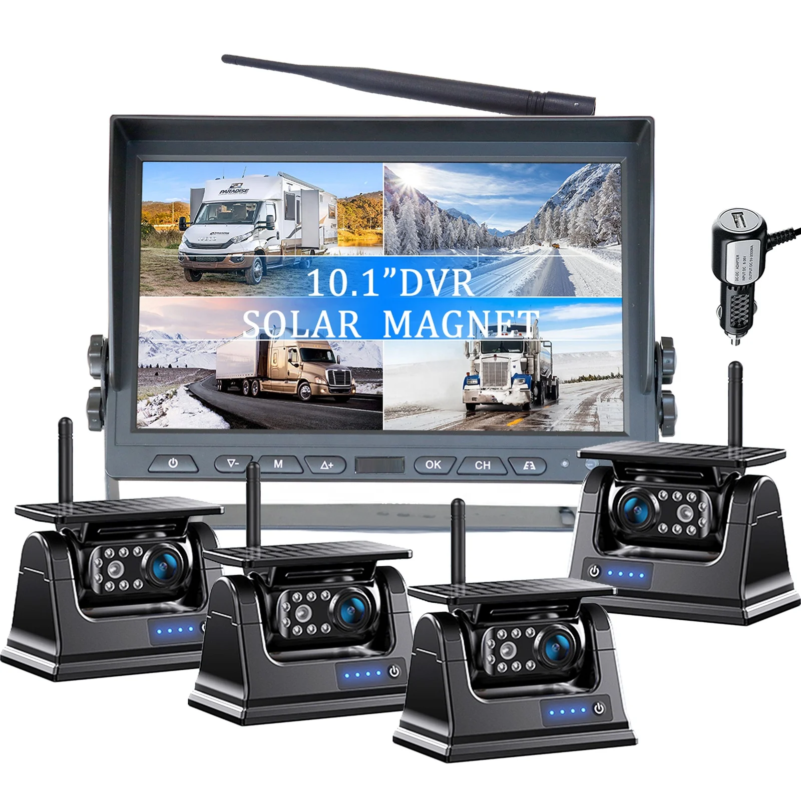 IPoster 10.1in Digital Wireless Quad View IPS Monitor Backup Reversing Magnetic Solar Rechargeable 9000mah Battery Camera Kit