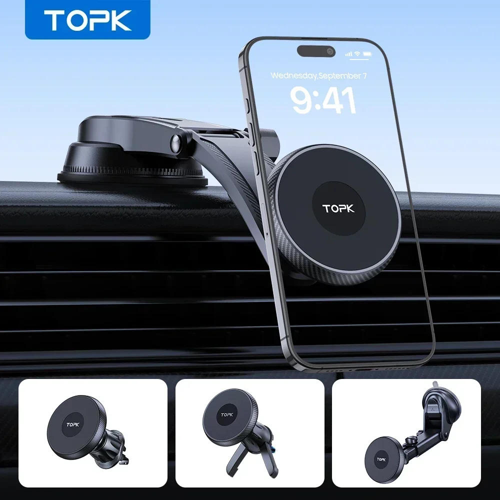 TOPK Powerful Magnetic Stainless Steel Hook Car Phone Holder Phone Holder Car Dashboard Air Vent Mount Mag-Safe