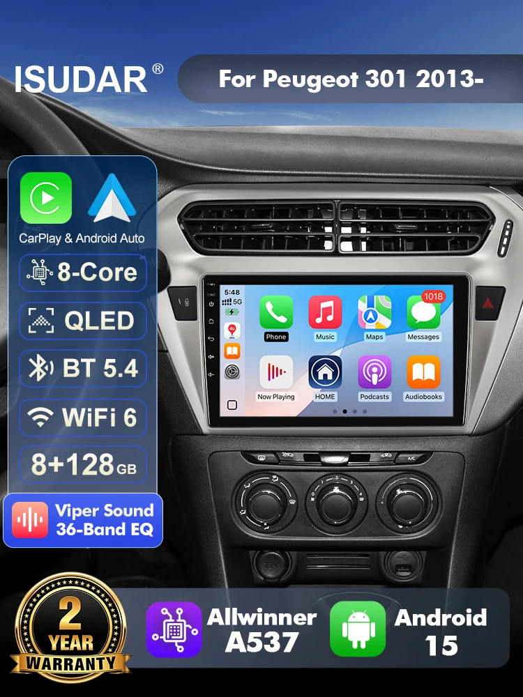 ISUDAR T57 Android 15 Radio For Peugeot 301 Citroen Elysee 2013-2018 Multimedia Player CarPlay Android Auto Head Unit Stereo