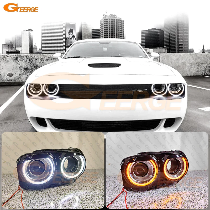 For Dodge Challenger 2015 2016 2017 - 2022 2023 Ultra Bright A/W Switchback Day Light Turn Signal LED Angel Eyes Kit Halo Rings