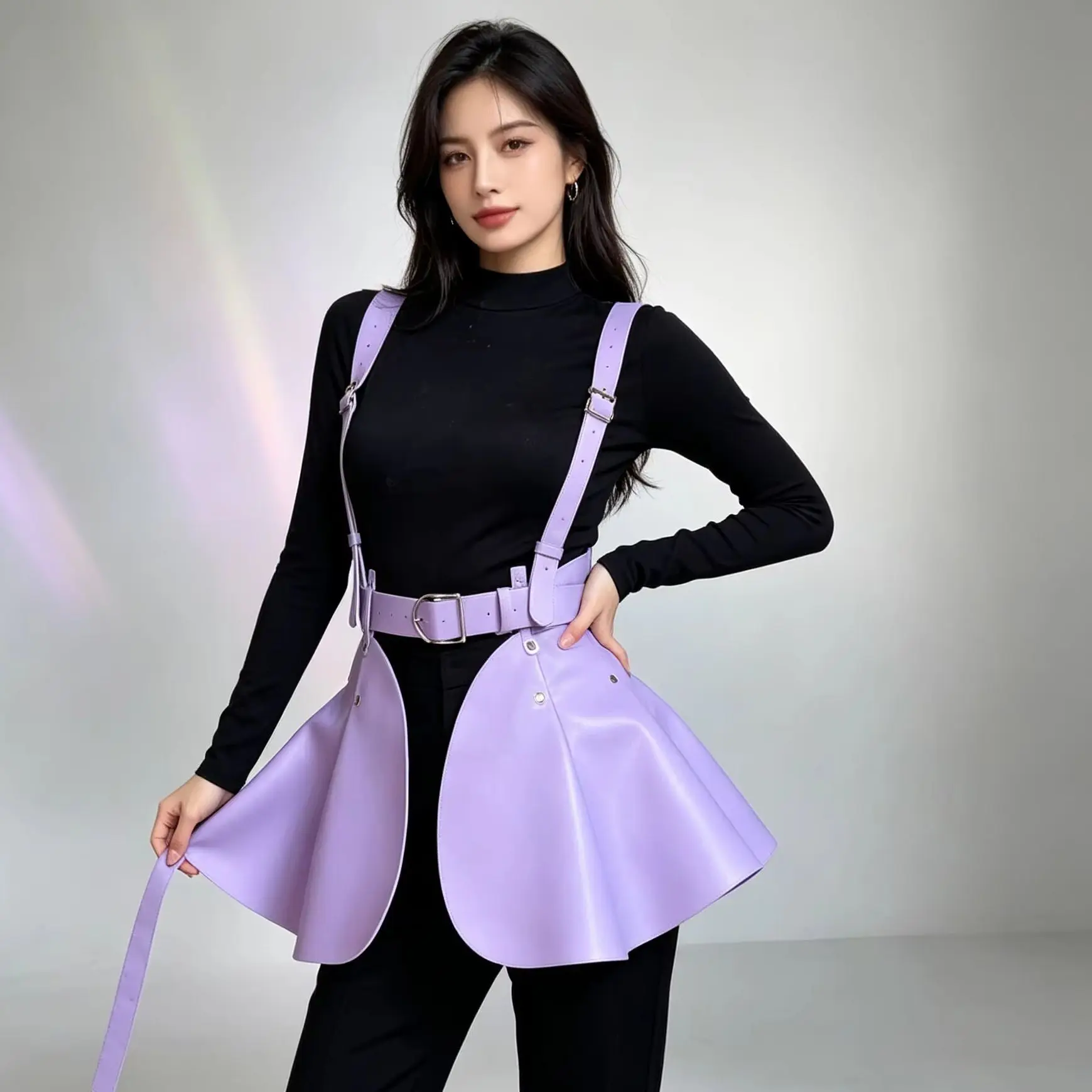 Fashion Detachable Apron‑Style PU‑Leather Harness Skirt Suspender Back Bow Design Adjustable Waist Belt Women Cosplay Accessory