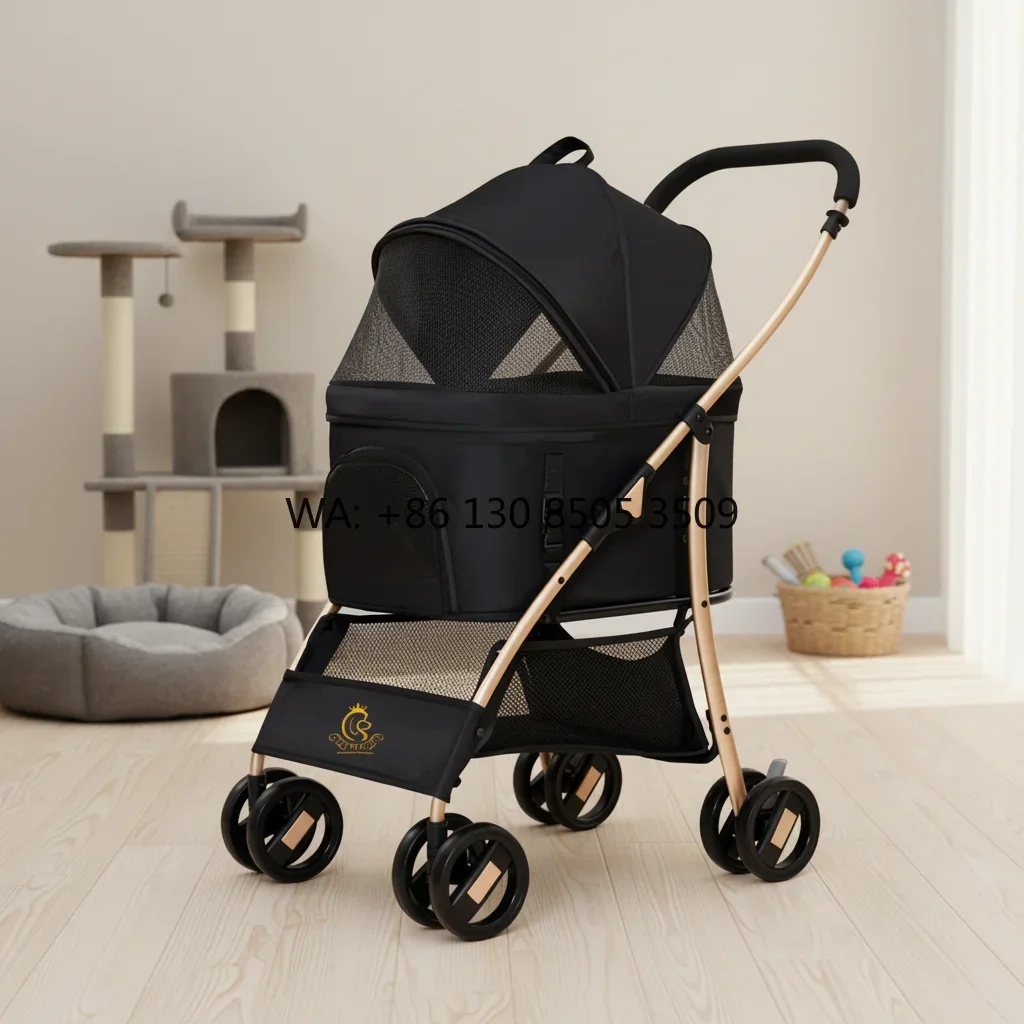 4 Wheels Foldable Pet Stroller with Brake Dog Stroller Detachable Cat Stroller for Walking Shopping Travel