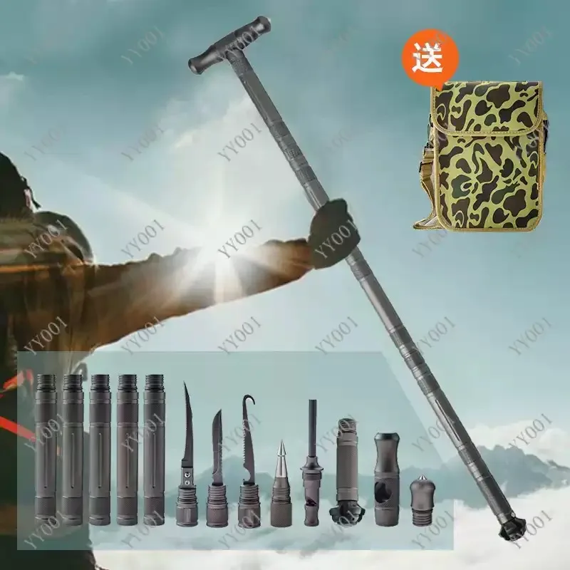Tungsten Steel Multifunction Alpenstock Detachable Folding Walking Stick Outdoor Camping Tool