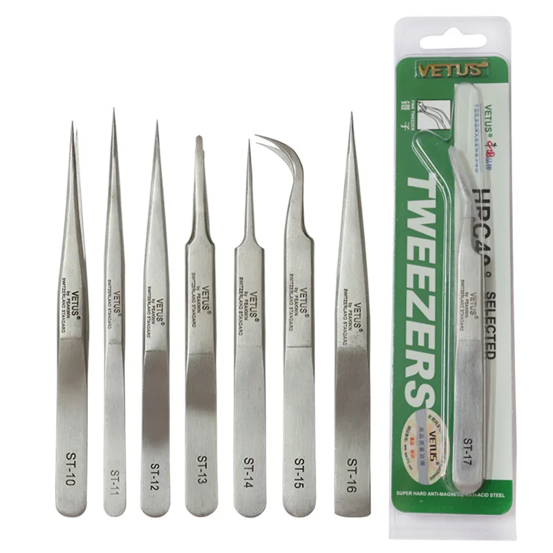 100% Original VETUS Stainless Steel Tweezers for Eyelash Extension High Precision Super Fine Tip Anti Static with Security Label