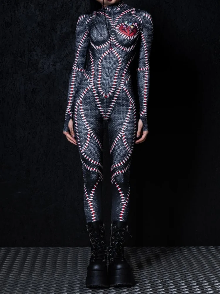 Women Sexy Voodoo Doll Skin Print Cosplay Jumpsuit Halloween Punk Zentai Suit Holiday Party Perfermence Rave Bodysuit 2025