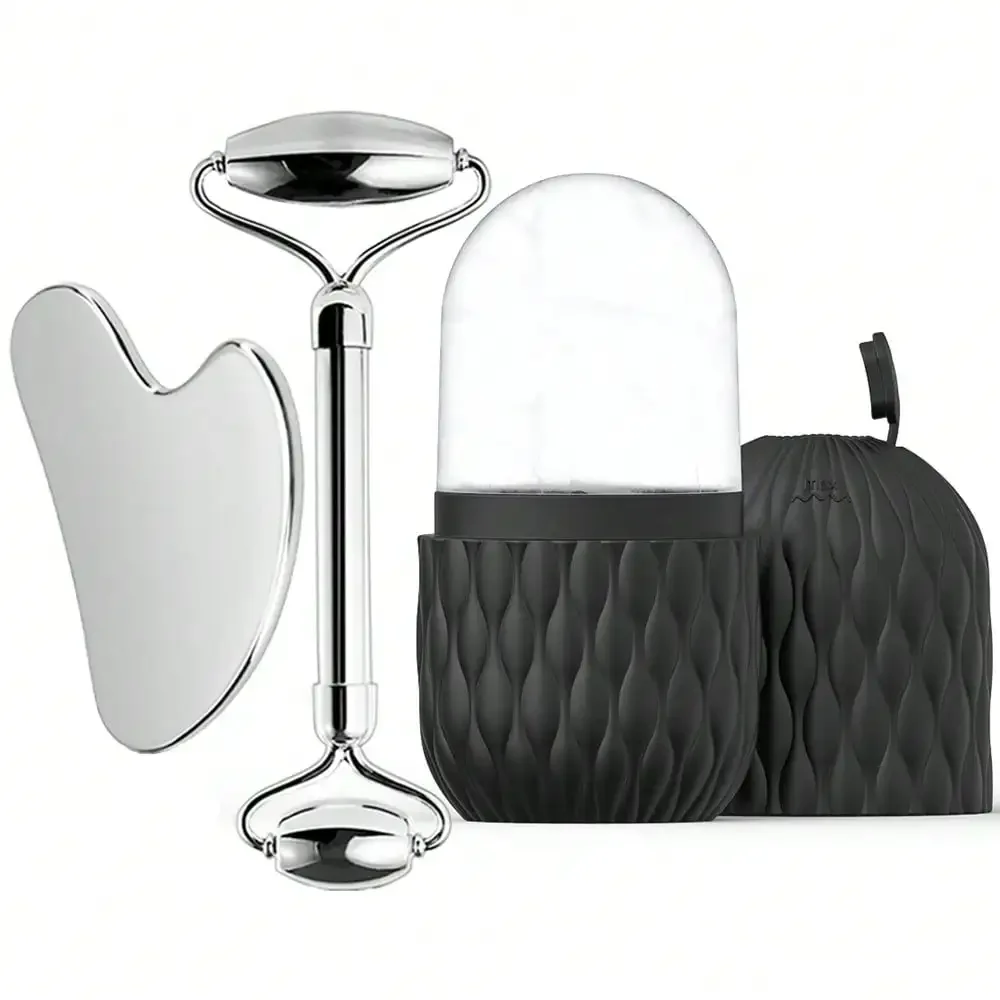 Ice Face Roller & Stainless Steel Gua Sha Tool Set, Facial Massager Ice Roller Skin Care Tool Beauty Set Lifting Contouring Tool