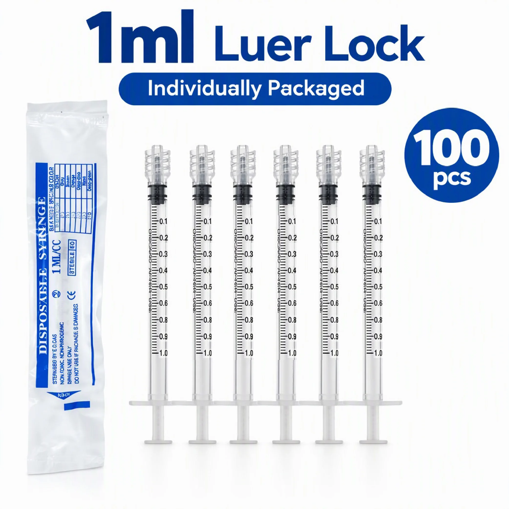 100pcs 1ml Sterile Luer Lock Syringe Without Needle for Beauty Supply Lab Use