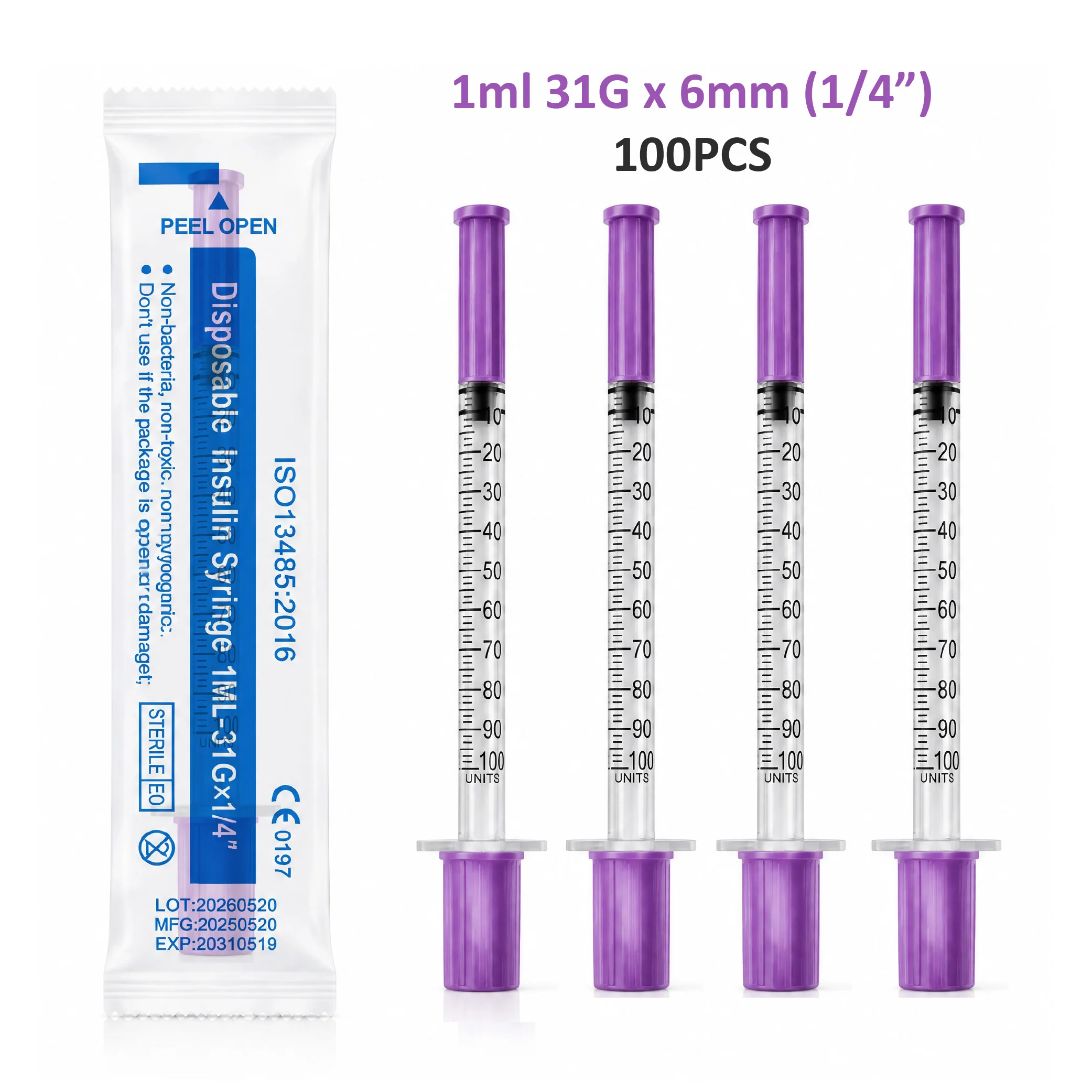 Beauty Supply 100pcs 1ml 31G 6mm 8mm Sterile Disposable Insulin Purple Syringe Beauty Injection for Home Use, Aesthetic Supply