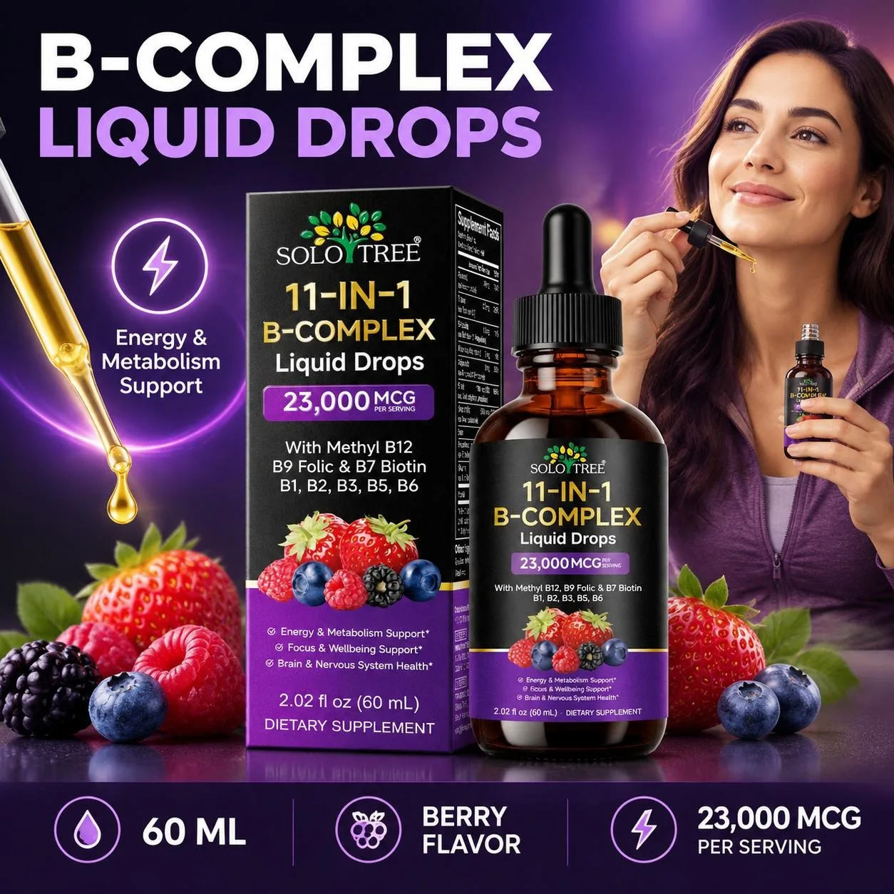 SOLOTREE 11-IN-1 B-Complex Liquid Drops Relaxation & Focus Assistance Beauty Promote Hair & Nail Growth Provide Energy 60 ML