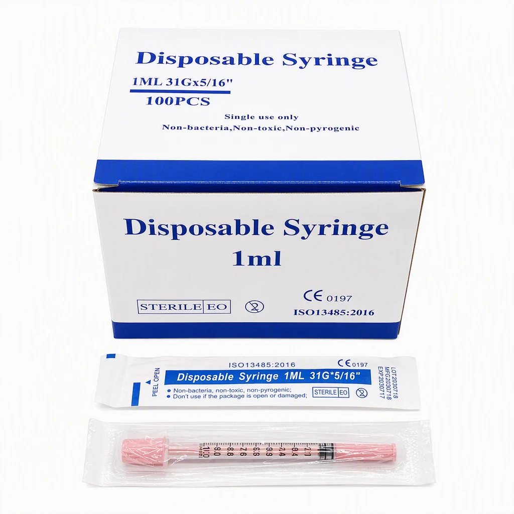 Free Shipping 1ml 31G 8mm Sterile Blister Pack Insulin Pink Syringe 5/16