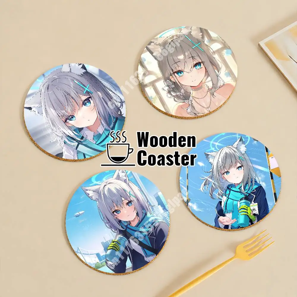 Shiroko Blue Archive Wolf Girl Wooden Cup Mat Americano Beer Milk Water Coaster for Baking Studio
