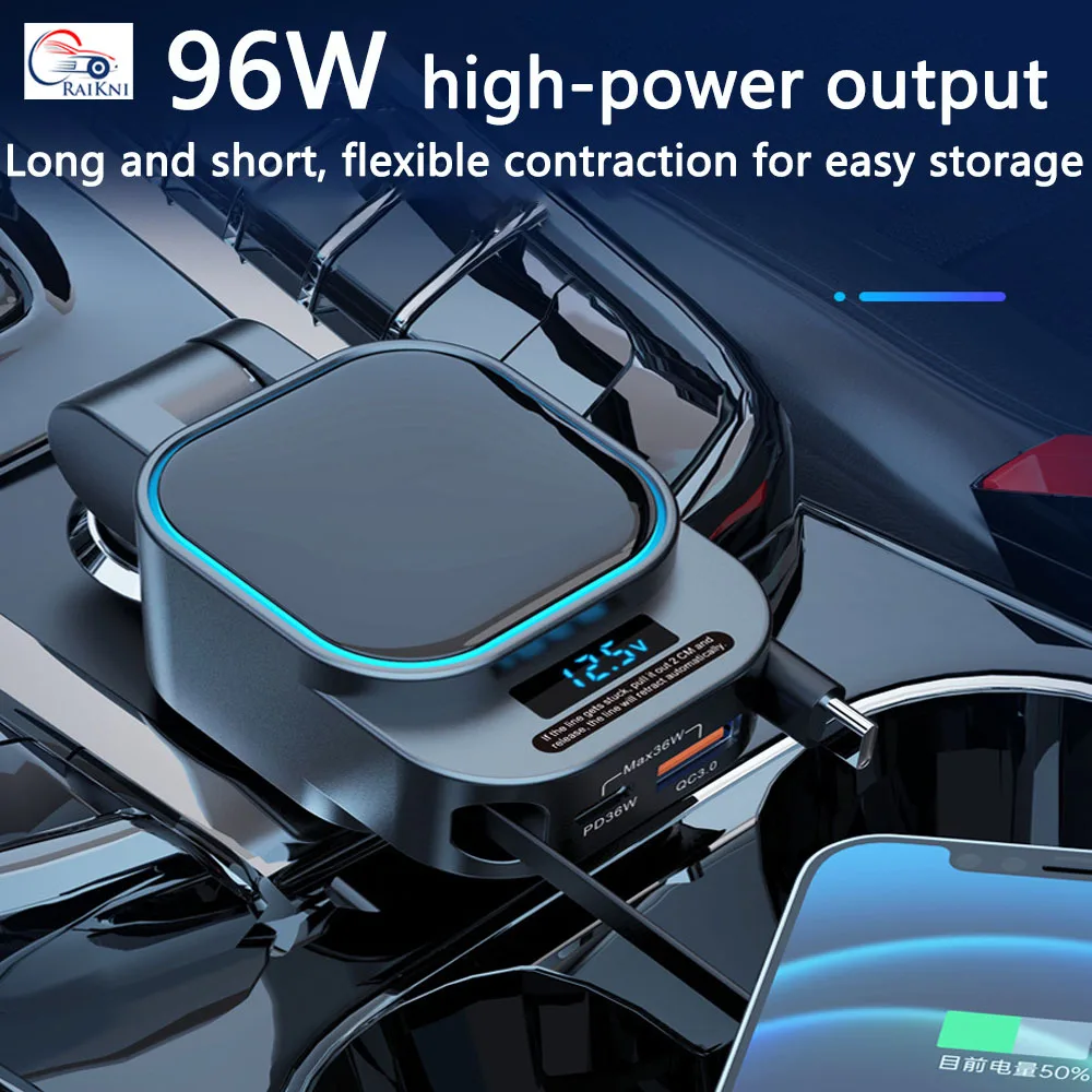 NEW Upgraded Retractable Car Charger  Fast Charging PD 30W Voltage Display Dual Cables for iPhone & Android