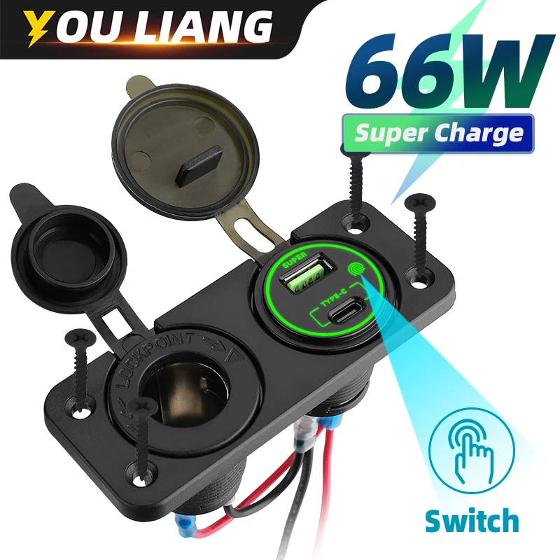 66W Super Charger Type C & QC3.0 USB Touchscreen Switch Panel 12V 24V Cigarette Lighter Socket for Car Motorcycle Boat Marine AT