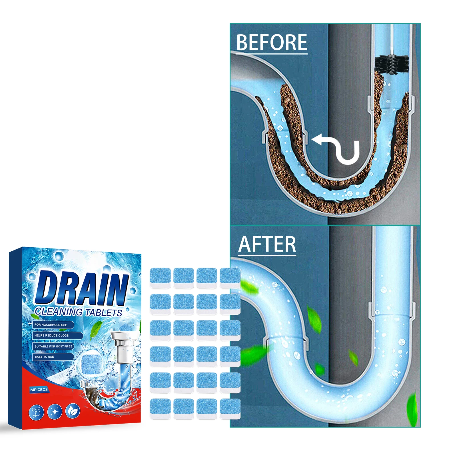 Sink Drain Cleaning Tablets Effervescent Pipe Dredge Deodorizer Protection Multi Scene Kitchen Bathroom Pipeline Maintenance